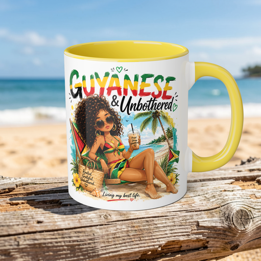 Mug with a tropical design featuring a woman, palm trees, and the text 'Guyanese & Unbothered' on a beach background.