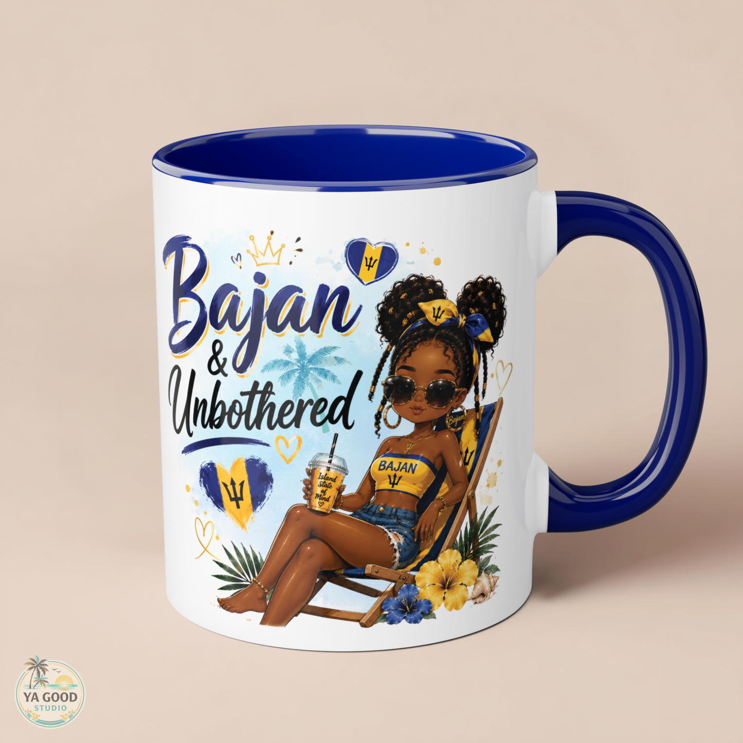 Mug with a design of a woman sitting in a chair, holding a drink, with 'Bajan & Unbothered' text and a blue interior and handle.