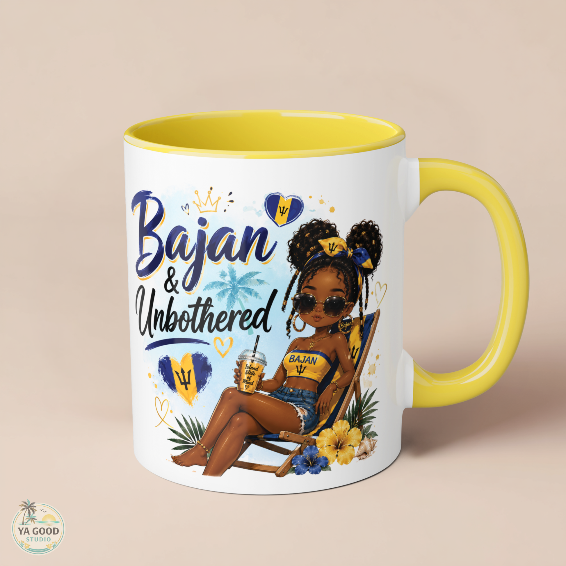 Mug with a design of a woman, text 'Bajan & Unbothered', and a yellow interior and handle on a beige background.