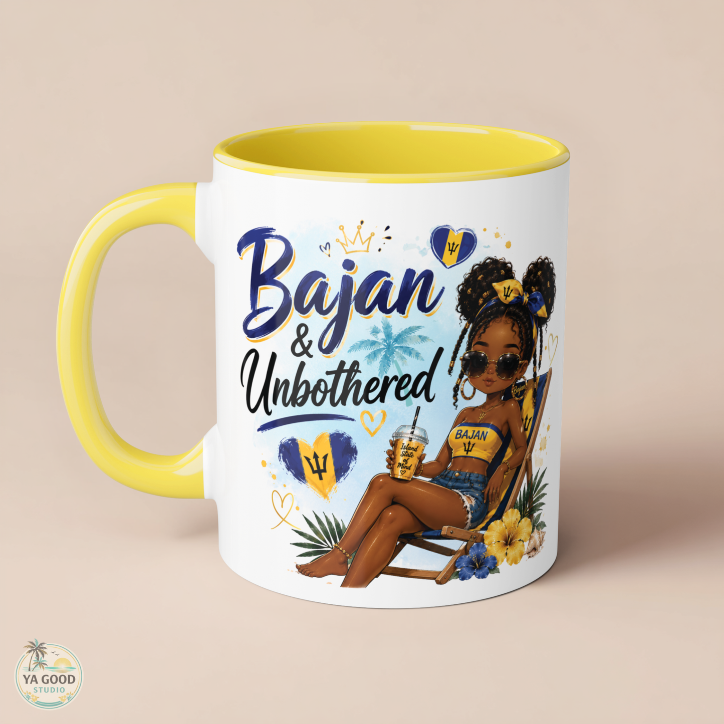 Mug with a design of a woman, text 'Bajan & Unbothered', and yellow interior on a beige background.