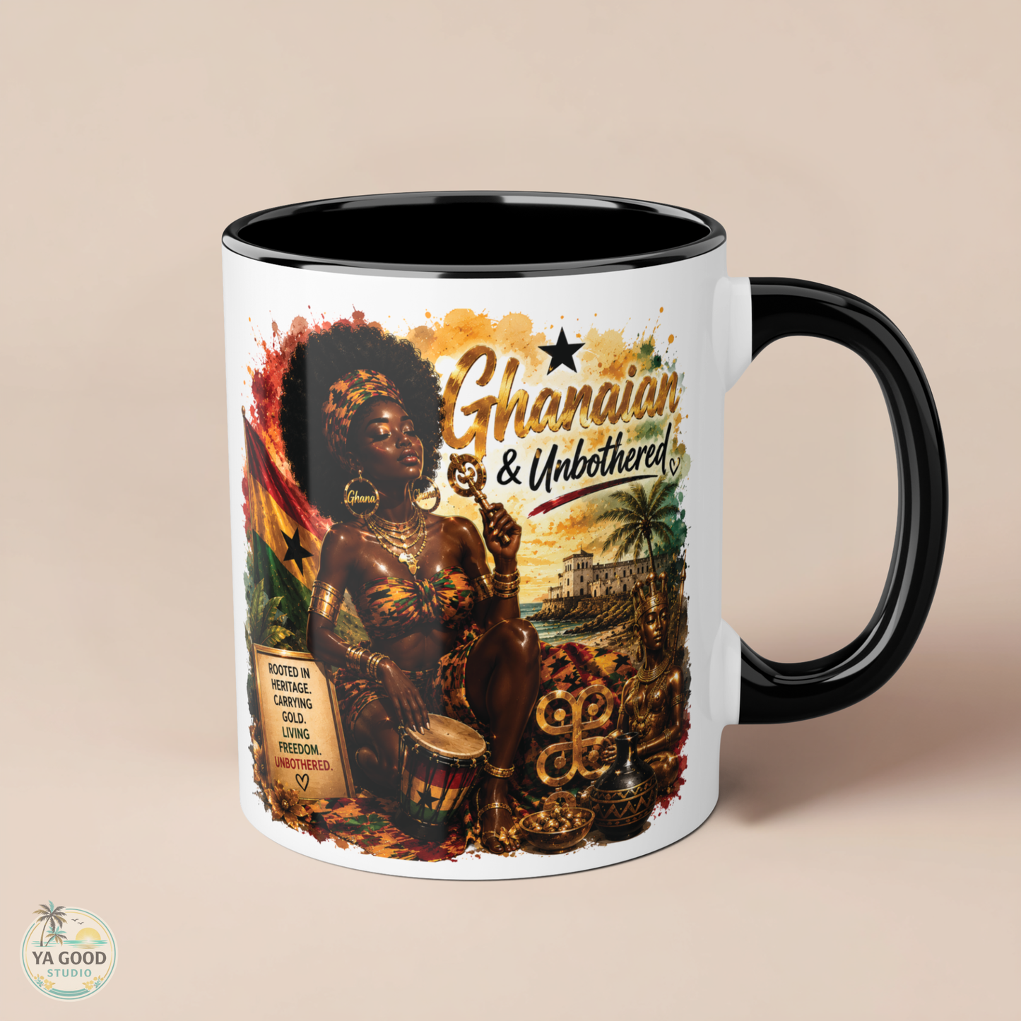 Mug with a design of a woman playing a drum, Ghanaian flag, and text 'Ghanaian & Unbothered' on a beige background.