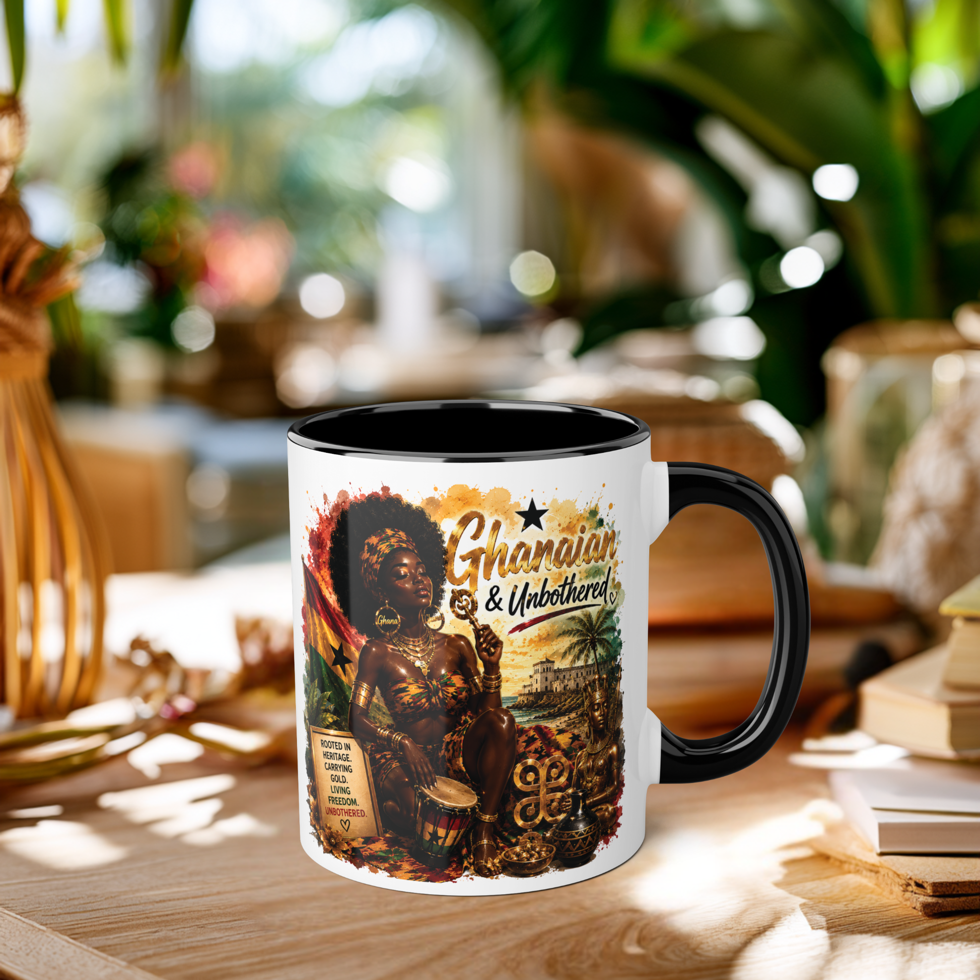 Mug with a design of a person playing a drum and text 'Ghanaian & Unbothered' on a wooden table.