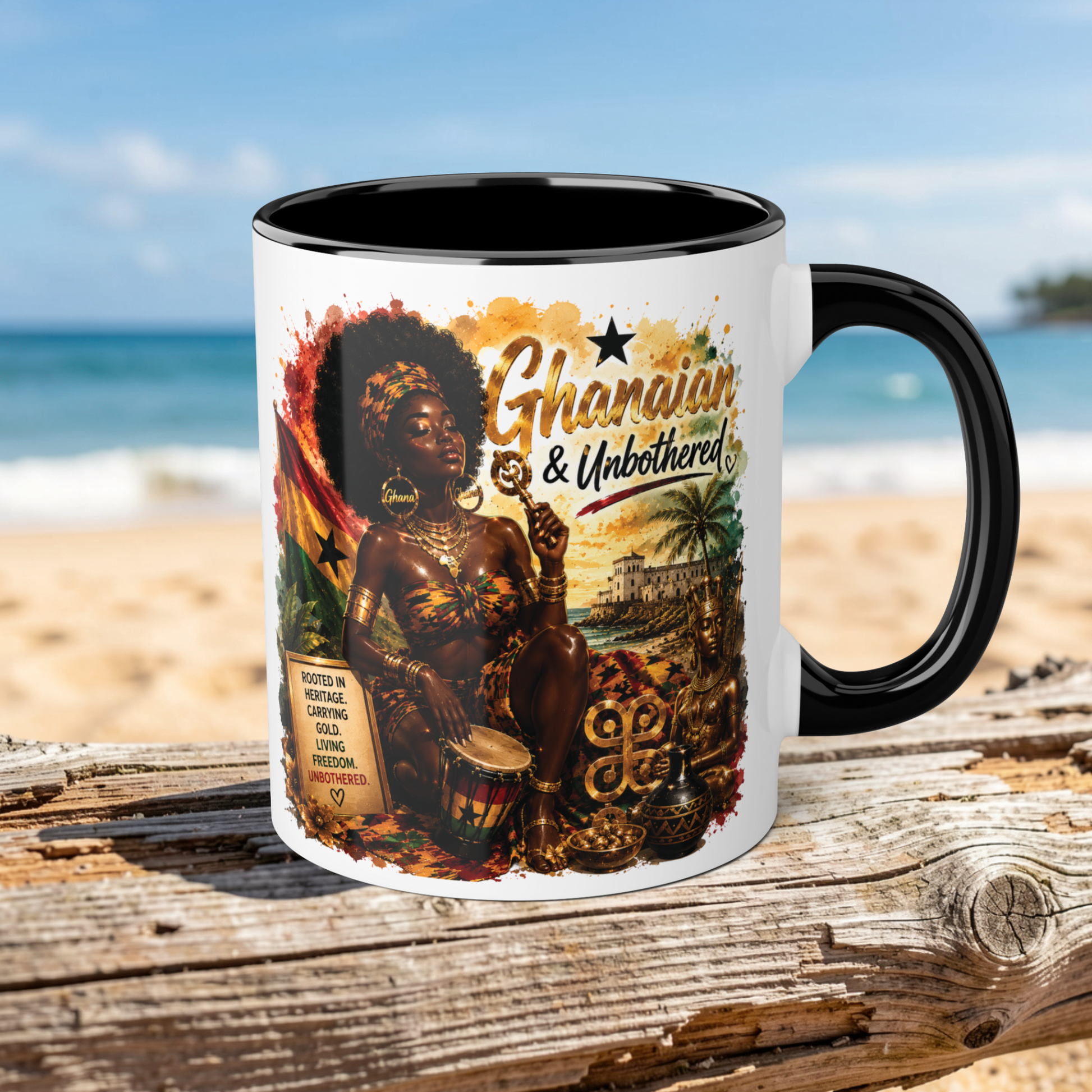Mug with a design of a woman and text 'Ghanian & Unbothered' on a beach background