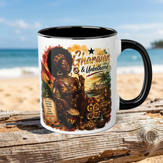 Mug with a design of a woman and text 'Ghanian & Unbothered' on a beach background