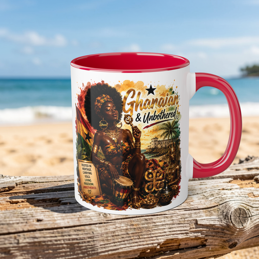 Mug with a design of a woman playing drums and text 'Ghanaian & Unbothered' on a beach background