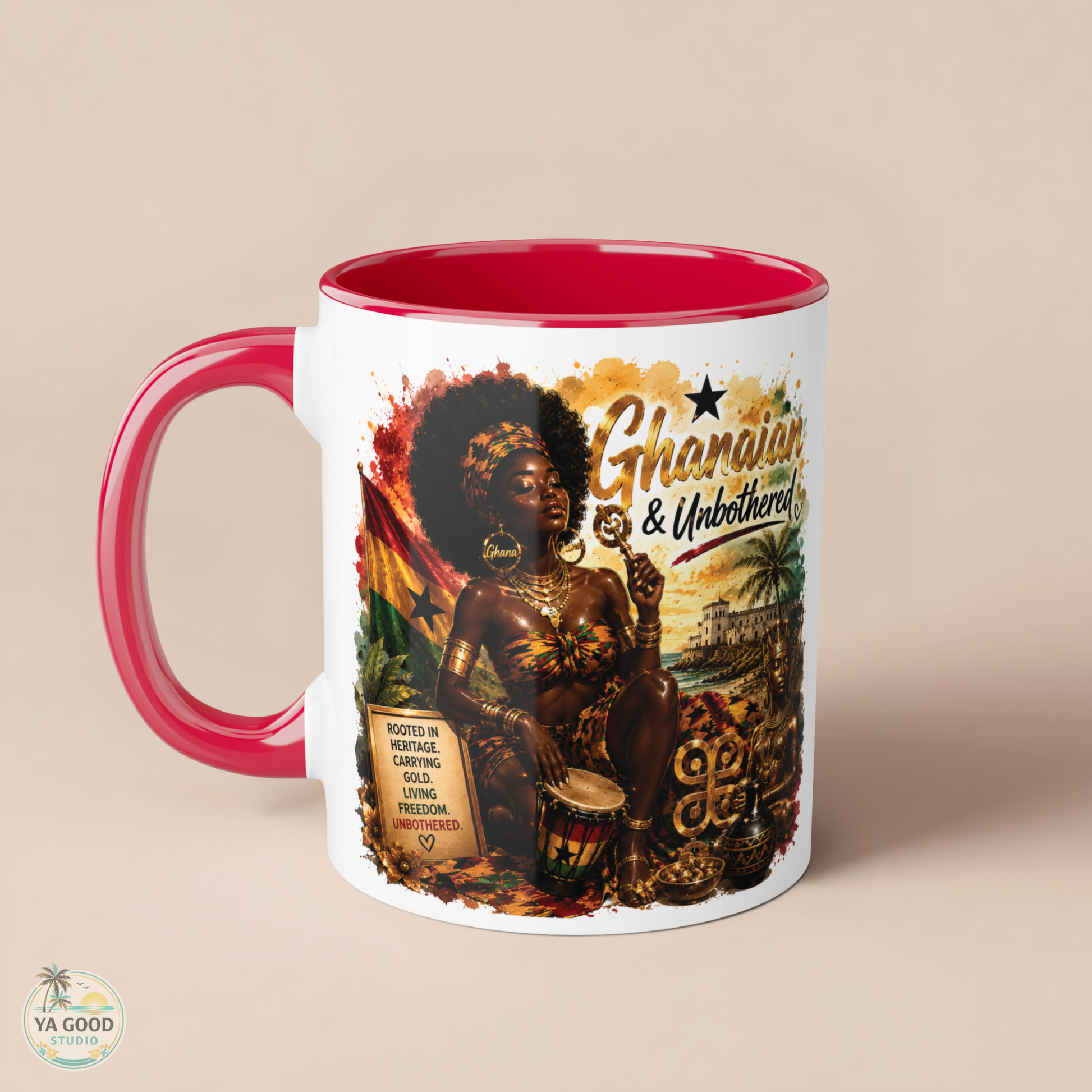 Mug with a design of a woman playing a drum, text 'Ghanaian & Unbothered', and a red interior on a beige background.