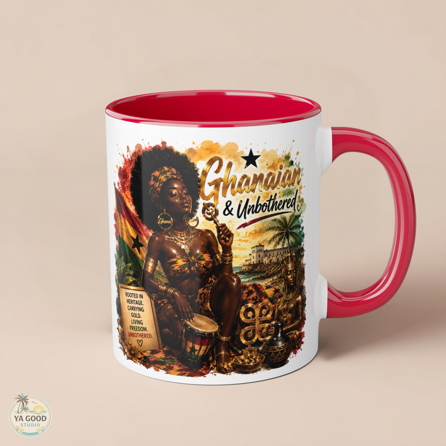 Mug with a colorful design featuring an African-American woman, text 'Ghanaian & Unbothered', and a red interior and handle on a beige background.