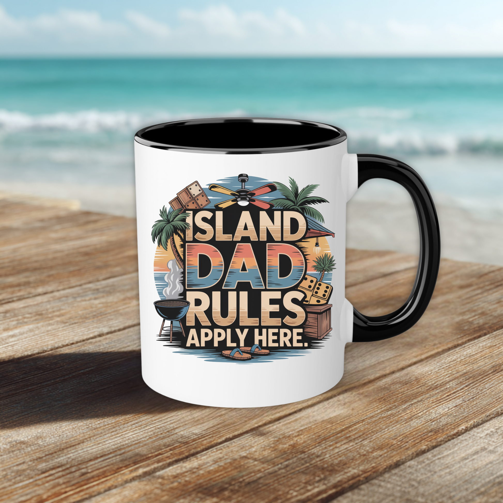 Mug with 'Island Dad Rules Apply Here' design on a wooden surface with a beach background