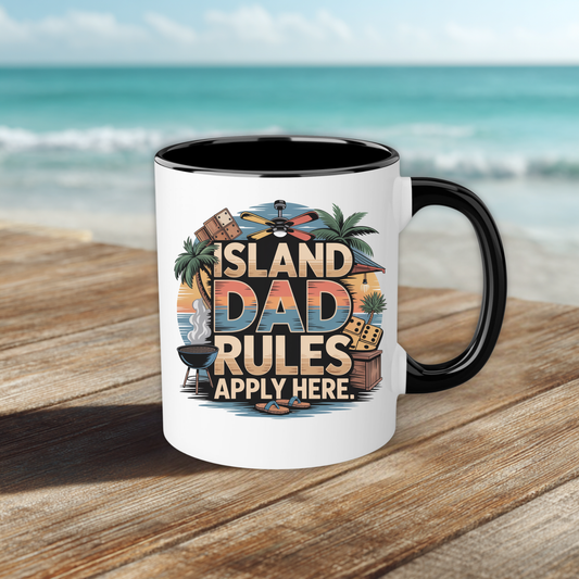 Mug with 'Island Dad Rules Apply Here' design on a wooden surface with a beach background