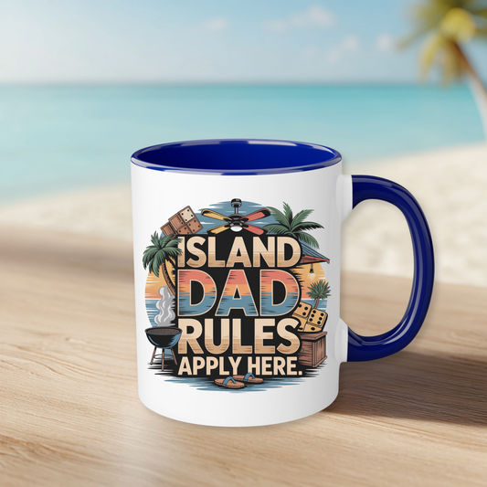 Mug with 'Island Dad Rules Apply Here' design on a beach setting