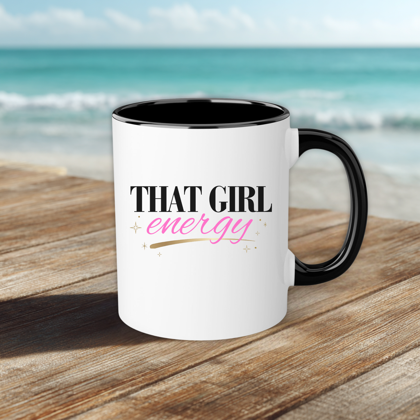 Mug with 'That Girl Energy' text on a beach setting
