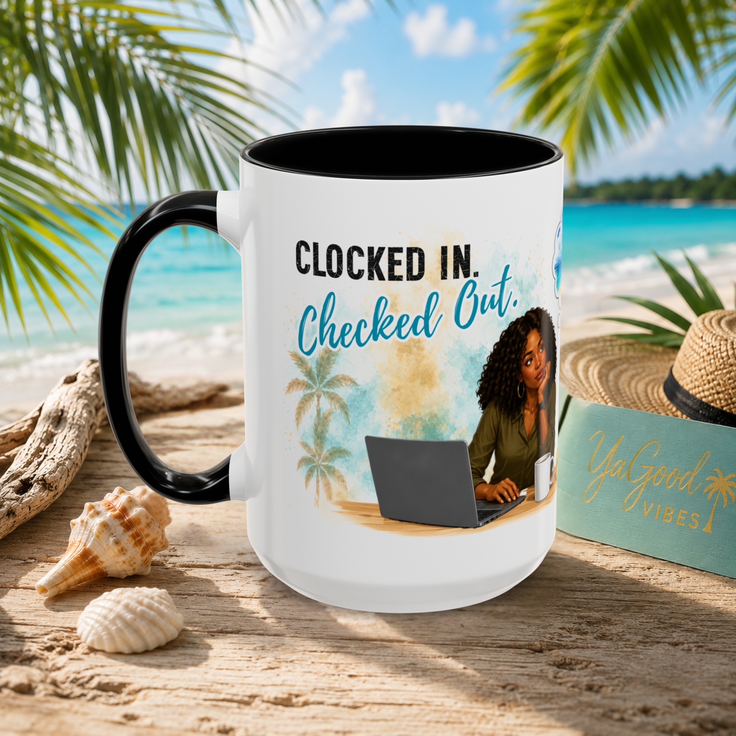 Clocked In Checked Out funny 15oz office coffee mug with tropical beach artwork and black handle
