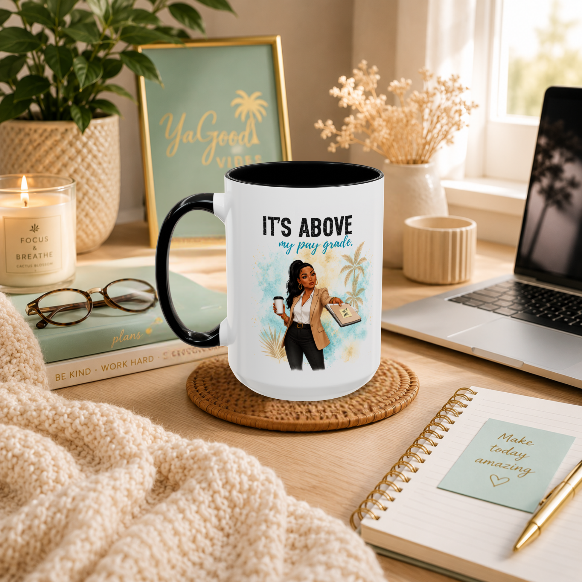 It's Above My Pay Grade funny office mug by Ya Good Studio, white 15 oz ceramic coffee mug with black handle featuring a corporate humor design.