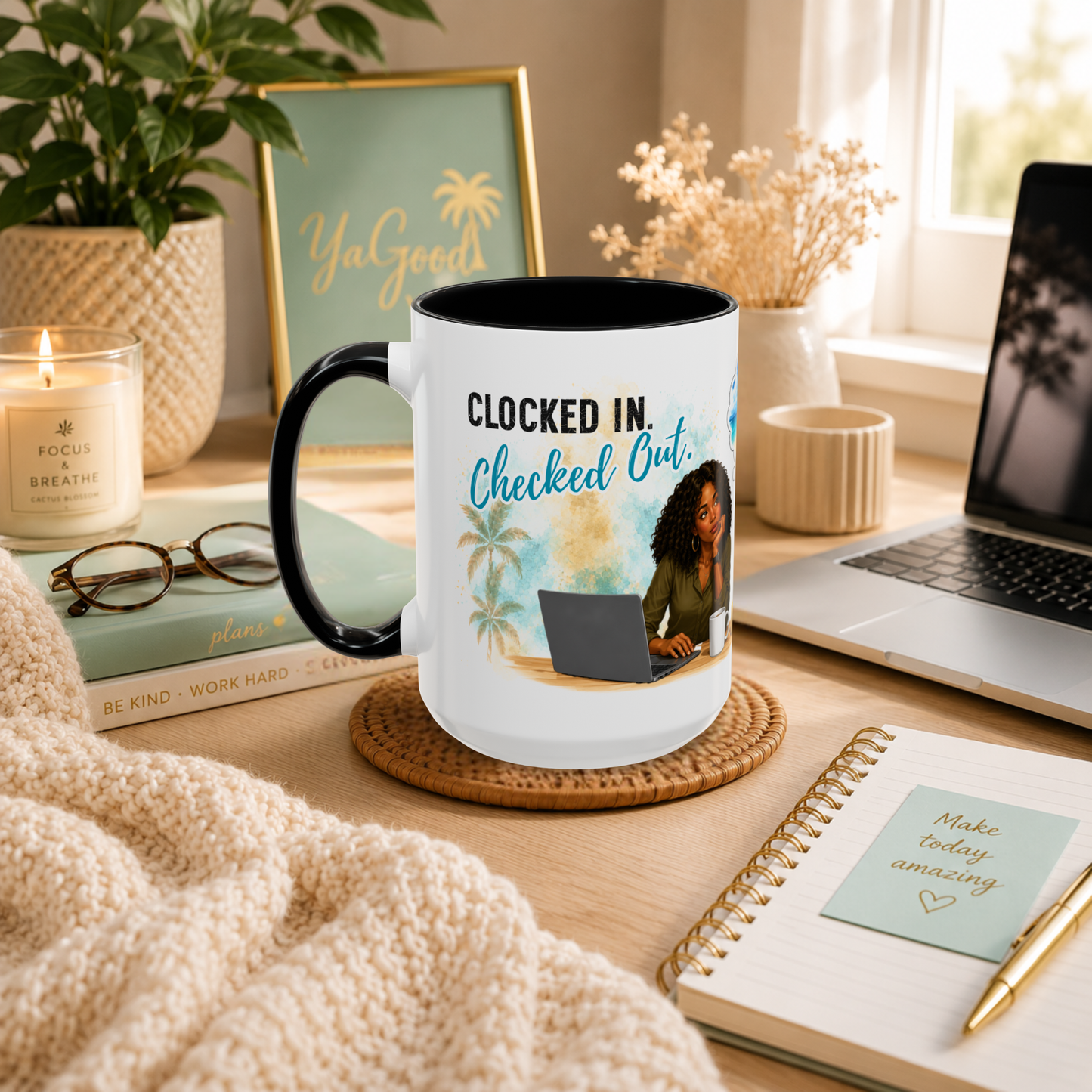 Front view of Clocked In Checked Out tropical office coffee mug featuring woman working at laptop