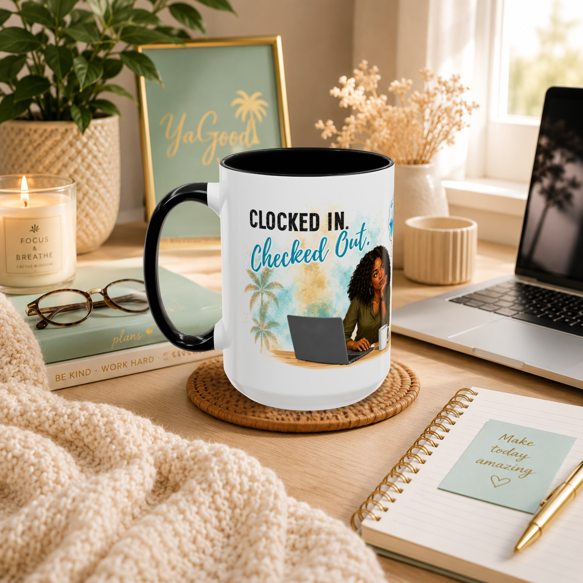 Front view of Clocked In Checked Out tropical office coffee mug featuring woman working at laptop