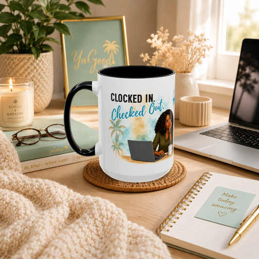 Front view of Clocked In Checked Out tropical office coffee mug featuring woman working at laptop