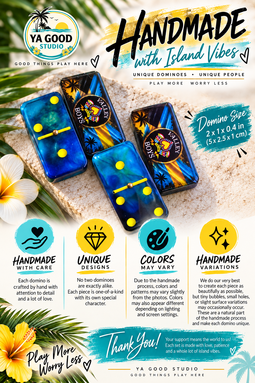 Handmade resin dominoes showing 2 inch length, 1 inch width, and 0.4 inch thickness