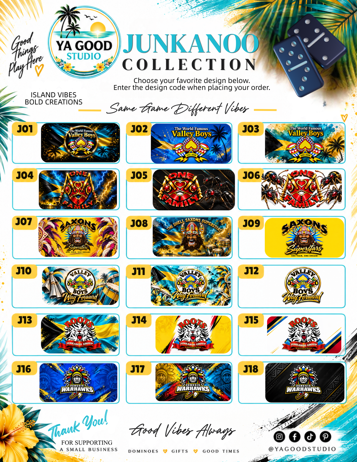 Ya Good Studio Junkanoo domino design guide featuring designs J01 through J18