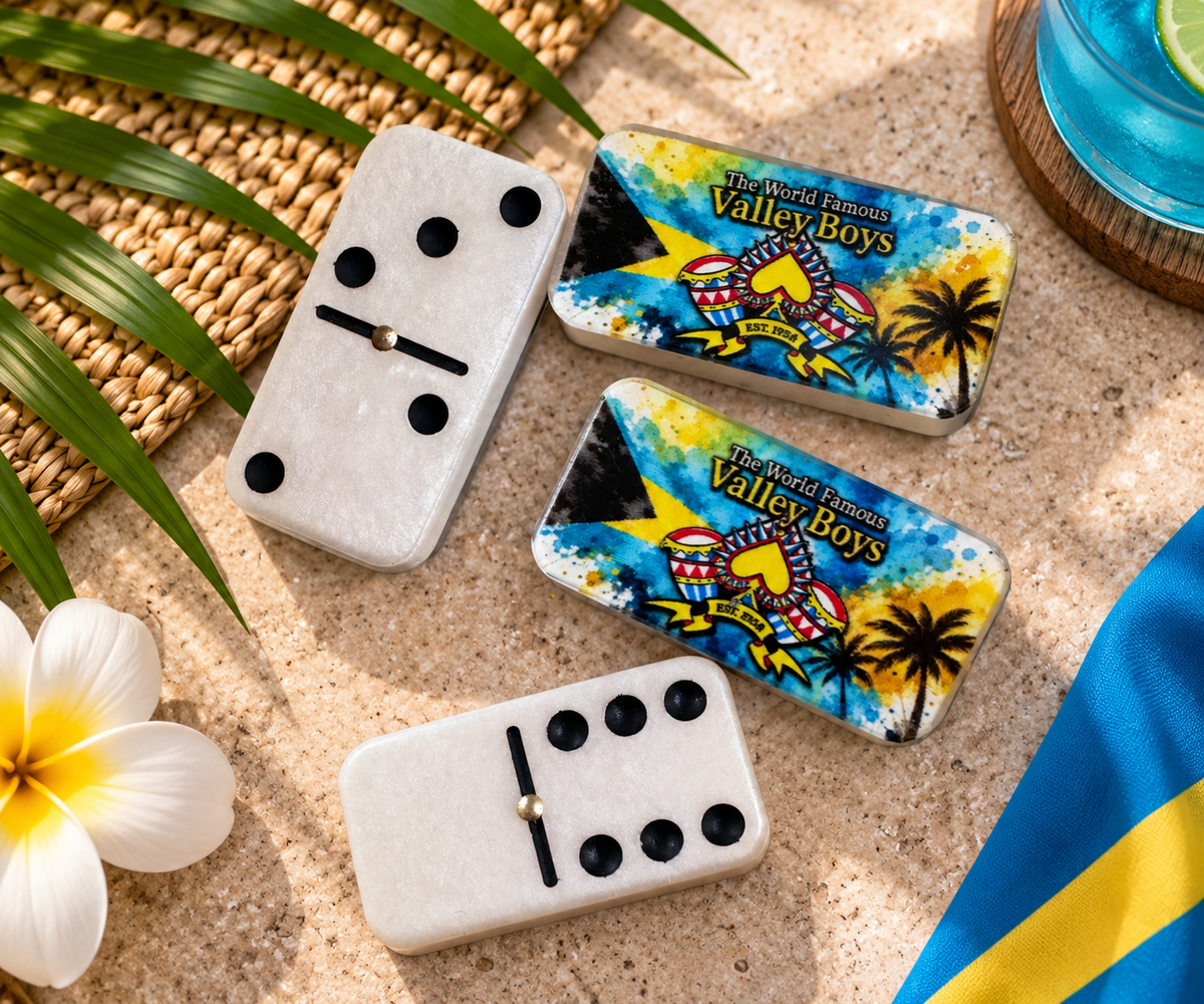Handmade custom dominoes shown in a tropical game night setting