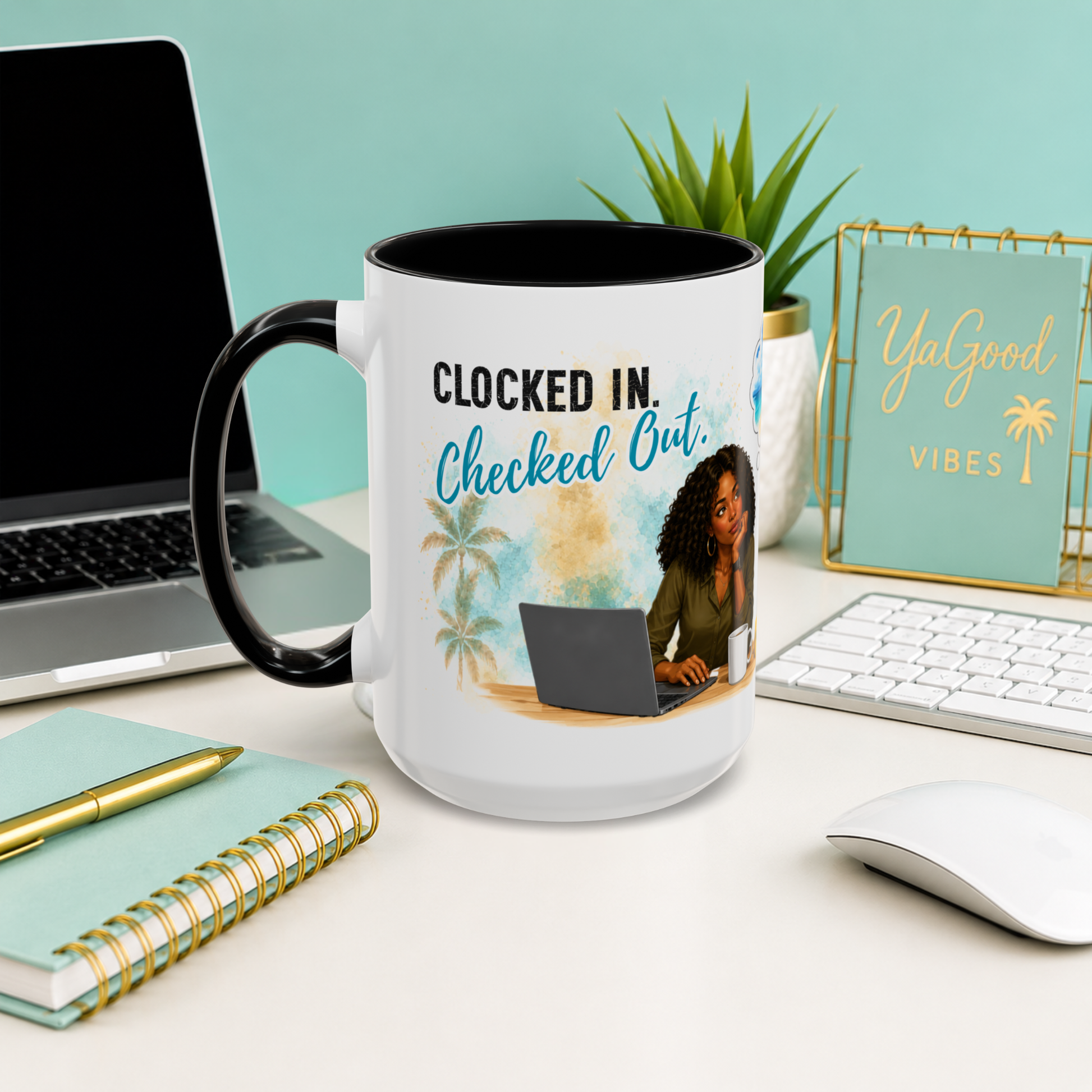 A white ceramic coffee mug with a black handle and interior, printed with the text 'CLOCKED IN Checked Out.' and a tropical beach illustration with a woman working on a laptop.