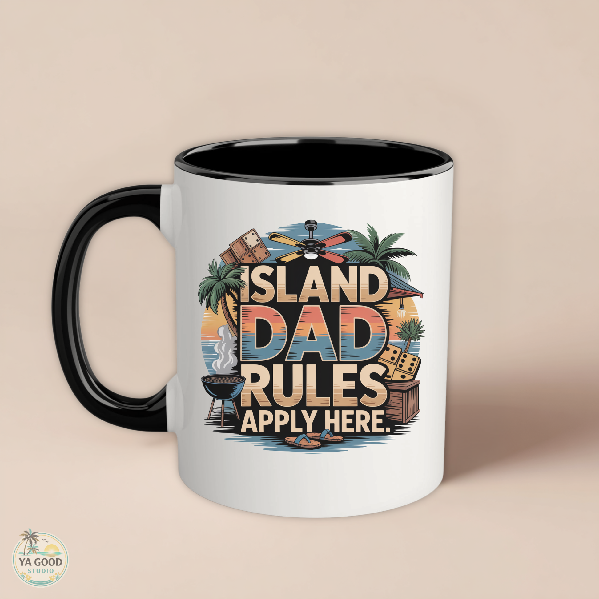 Mug with 'Island Dad Rules Apply Here' design on a beige background