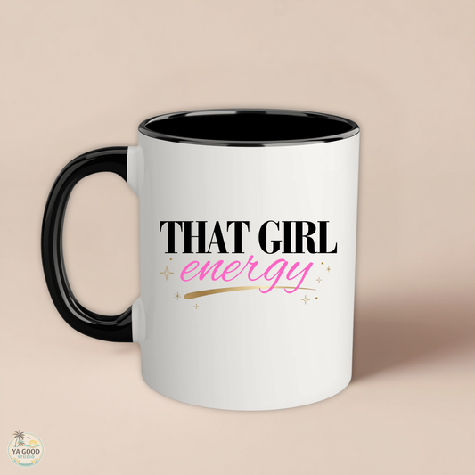 Mug with 'That Girl Energy' text on a beige background