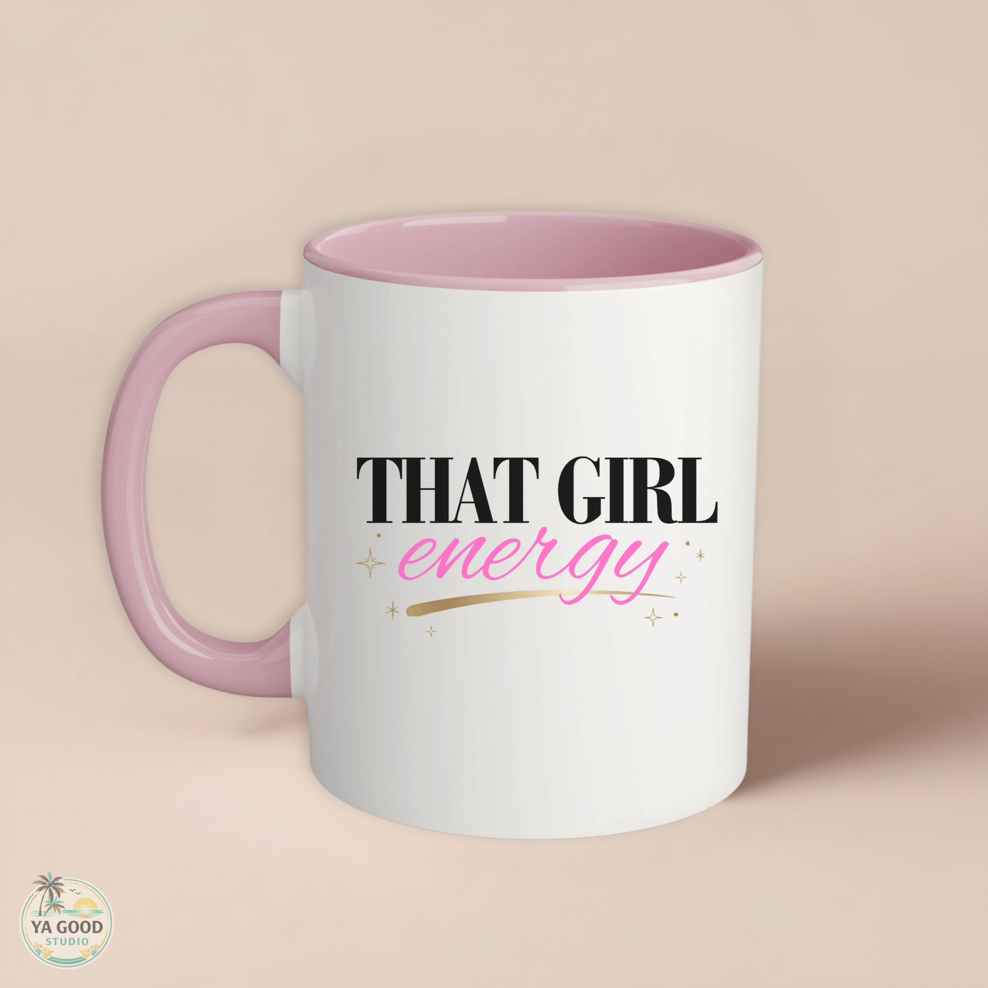 Mug with 'That Girl Energy' text on a beige background