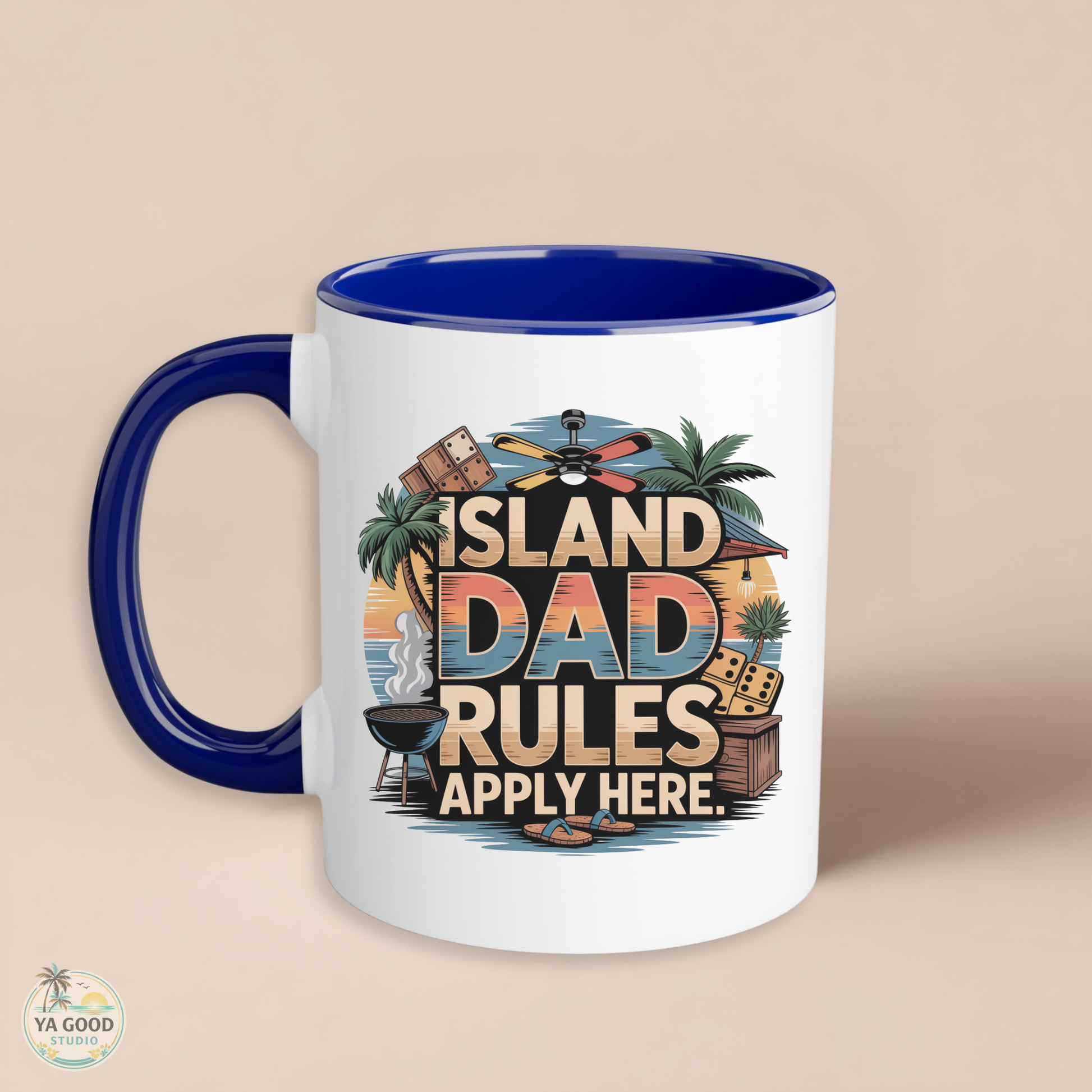 Mug with 'Island Dad Rules Apply Here' design on a beige background