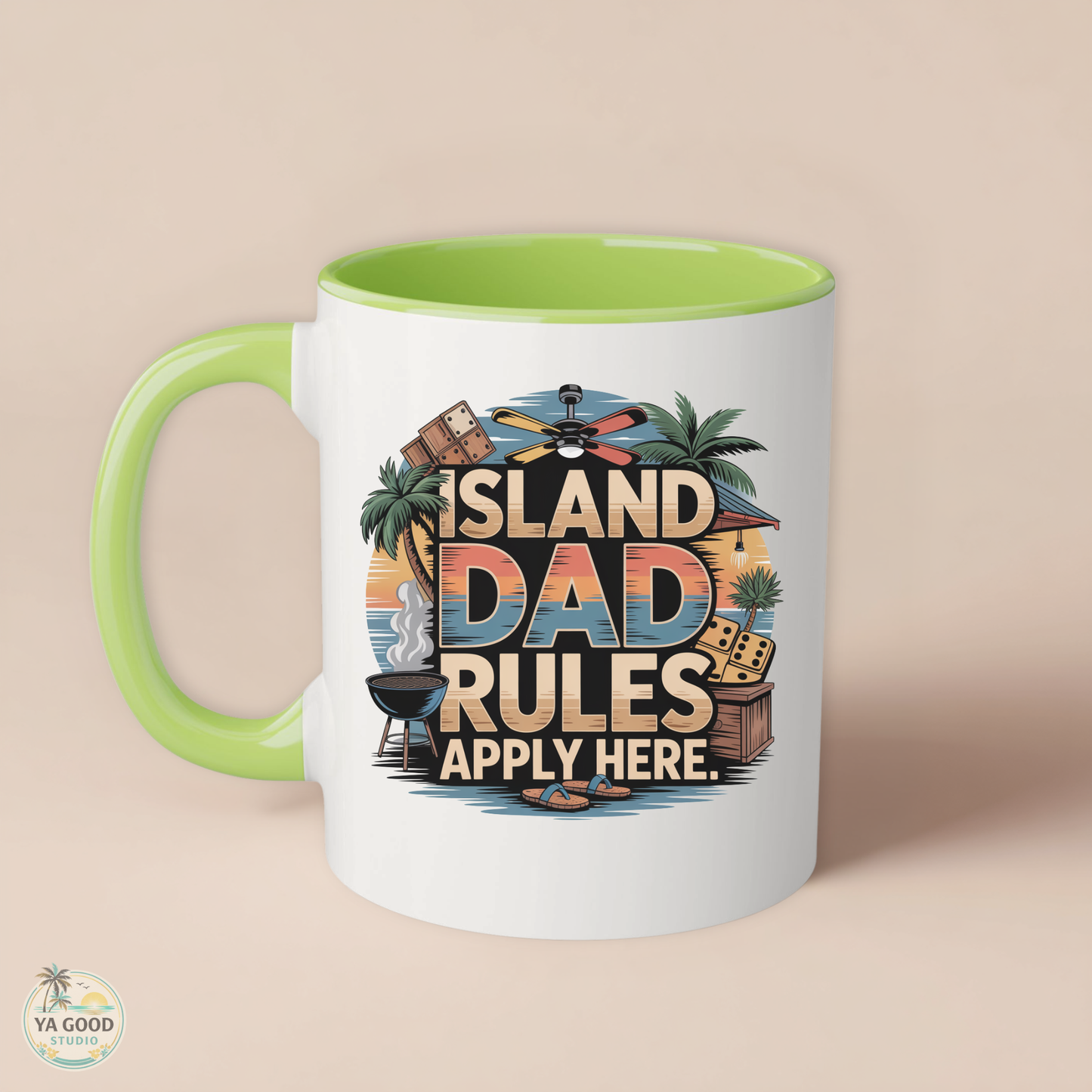 Mug with 'Island Dad Rules Apply Here' design on a beige background