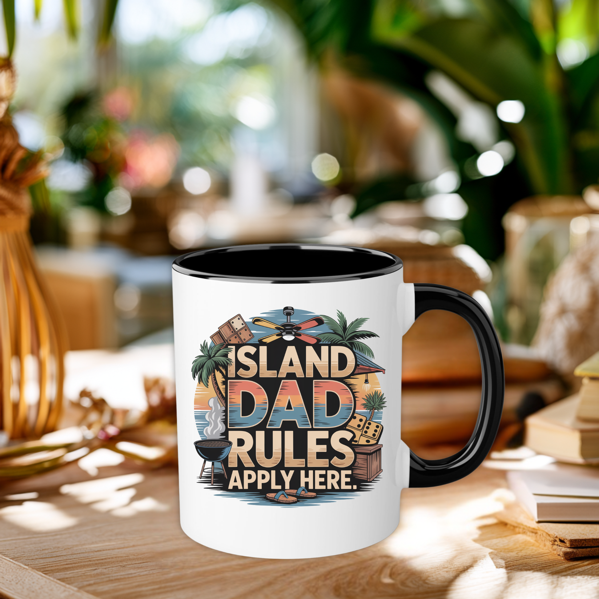Mug with 'Island Dad Rules Apply Here' design on a wooden table with a blurred background