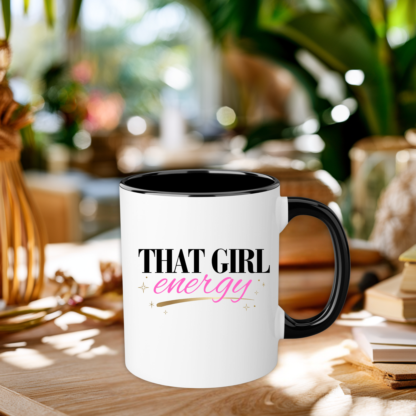 Mug with 'That Girl Energy' text on a wooden table with a blurred background