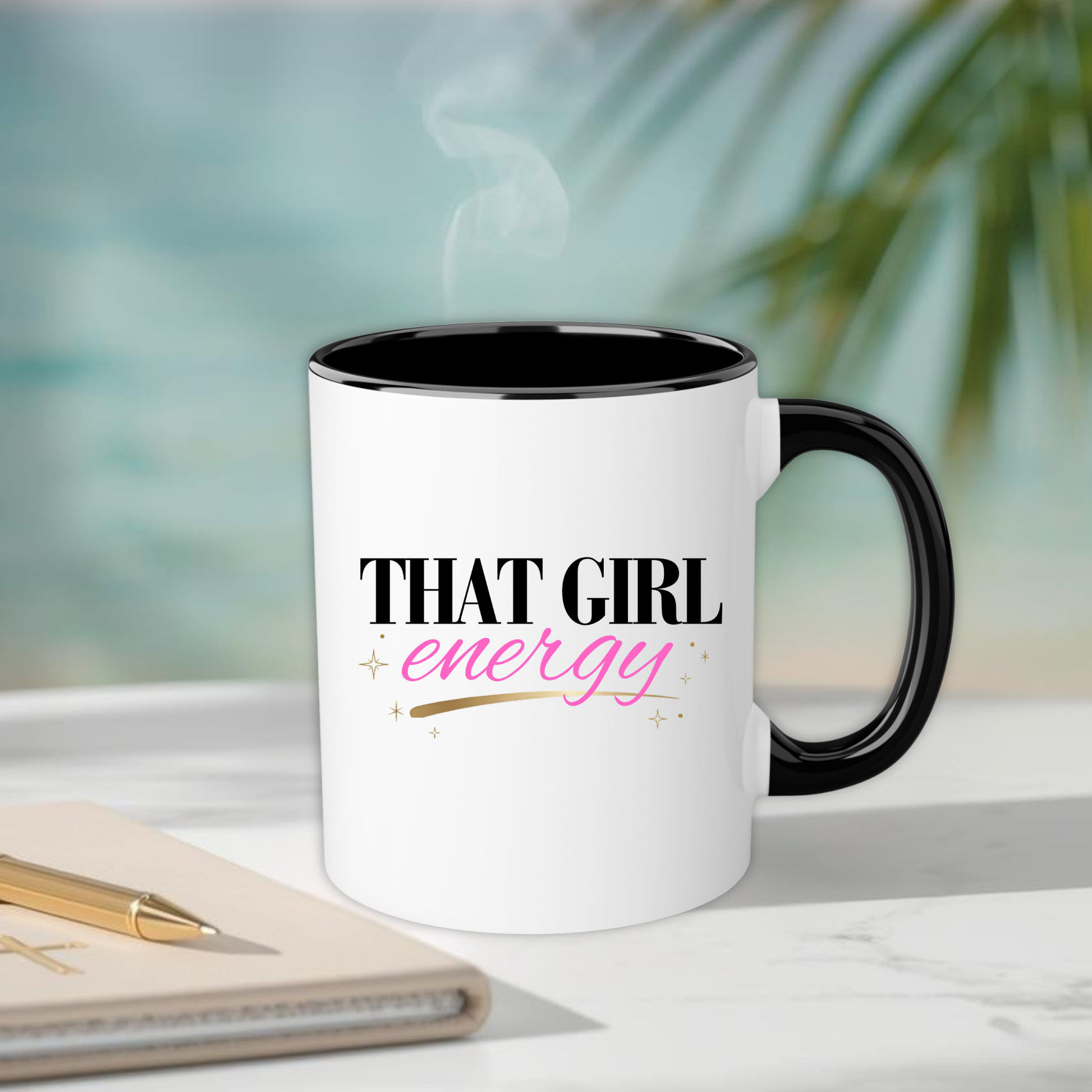 Mug with 'That Girl Energy' text on a blurred background