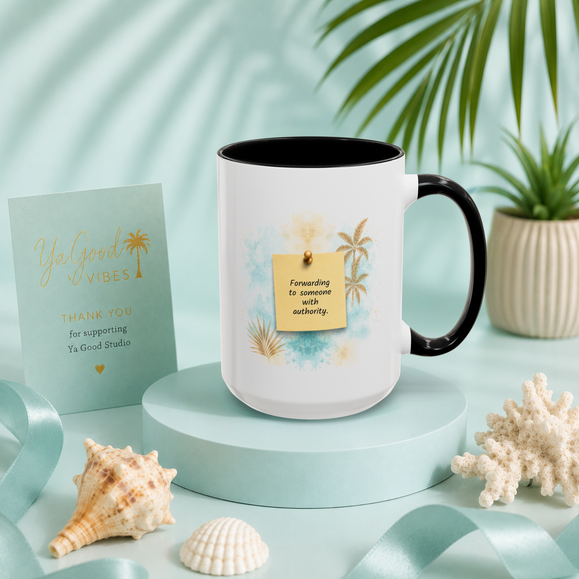 It's Above My Pay Grade funny office mug by Ya Good Studio, white 15 oz ceramic coffee mug with black handle featuring a corporate humor design.
